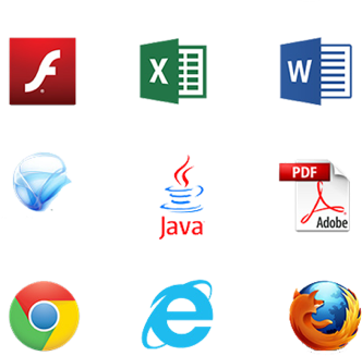 Icons of protected programs (Flash, Adobe Reader, Microsoft Excel, Microsoft Word, Mozilla Firefox, Google Chrome, Internet Explorer, Silverlight, and Java)
